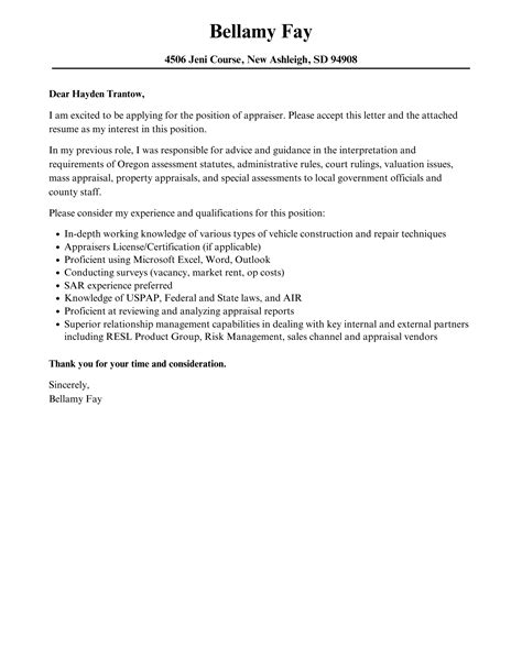 Appraiser Cover Letter Velvet Jobs