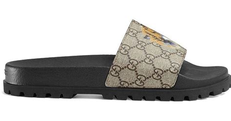 Gucci GG Supreme Tiger Slide Sandal In Brown For Men Lyst UK