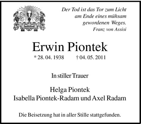 Traueranzeigen Von Erwin Piontek Trauer In NRW De