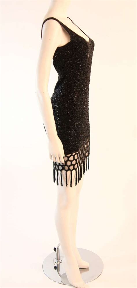 Naeem Kahn Black Beaded Cocktail Dress With Lattice Fringe Hem At 1stdibs