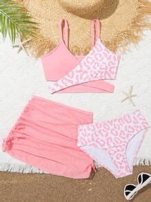 Tween Girl Three Piece Split Bikini Set With Mesh Skirt And Random Print Summer Beach Summer
