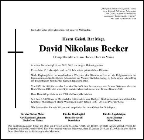 Traueranzeigen Von David Nikolaus Becker Vrm Trauer De