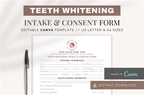 Teeth Whitening Intake And Consent Form Canva Templates Etsy Artofit