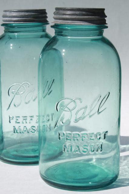 Big 2 Qt Size Vintage Ball Perfect Mason Aqua Blue Glass Jars W Old Zinc Metal Lids