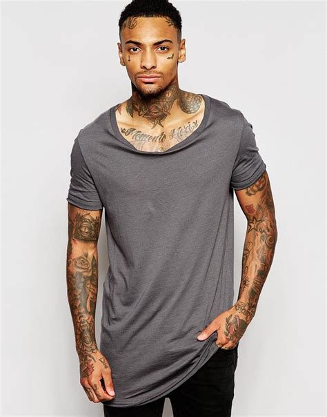 Asos Super Longline T Shirt With Stretch Neck And Dropped Hem At Asos