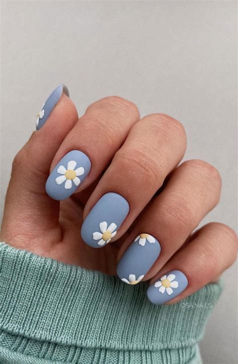 37 Cute Spring Nail Art Designs Daisy Blue Matte Nails