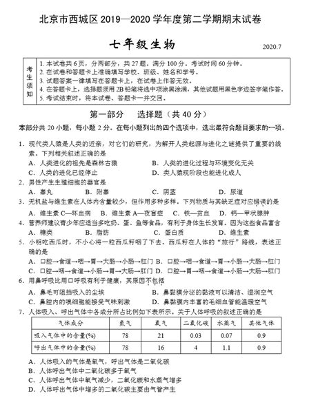 2020北京西城七年级下生物试卷及答案北京爱智康