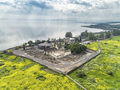 Aerial view of archaeological site of Capernaum, Israel - Stock Image ...