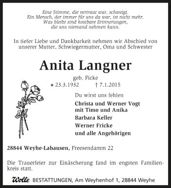 Traueranzeigen Von Anita Langner Trauer Kreiszeitung De