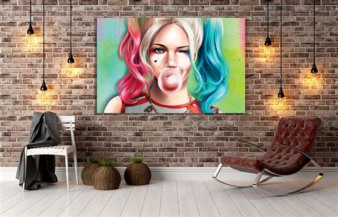 Harley Quinn Blowing Bubble Gum Cartoon Artwork Canvas Wall Etsy