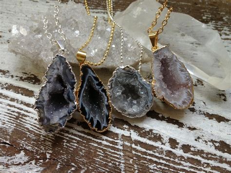 CAVERN Raw Natural Agate Druzy Geode Crystal Pendant Etsy