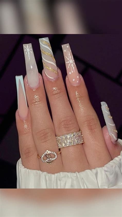Gold White And Nude Christmas Winter Snowflake Stripe Gel Nails Holiday Nails Xmas Nails Gel