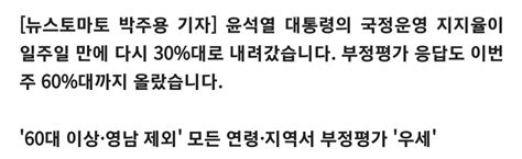 뉴스토마토 정기여론조사 윤 대통령 지지율 383일주일 만에 다시 30대 정치시사 에펨코리아