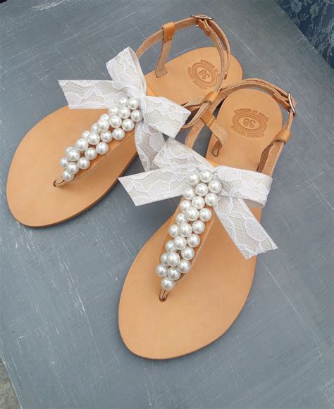 Wedding Sandals With White Pearls And Lace Bow Bridal Pearl Sandals