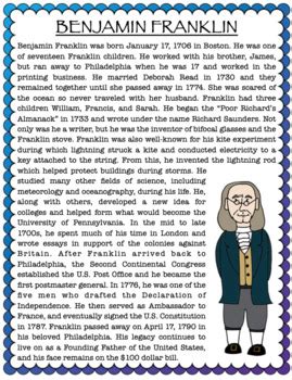 Benjamin Franklin Biography Activity Pack By Lovehealteach Tpt