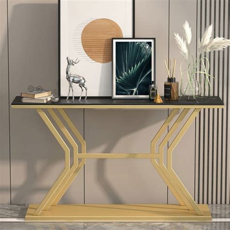 Black Modern Narrow Console Table With Sintered Stone Top And Metal Frame Homary Uk