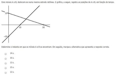 Dois móveis A e B deslocam se numa mesma estrada retilínea O gráfico