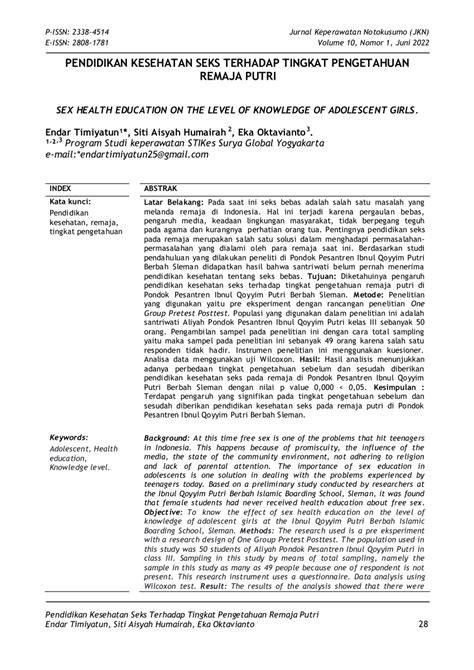 Pdf Pendidikan Kesehatan Seks Terhadap Tingkat Pengetahuan Remaja Putri Sex Health Education