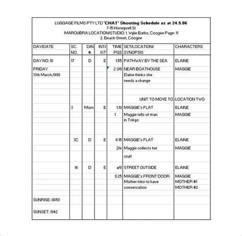 Film Shooting Schedule Template