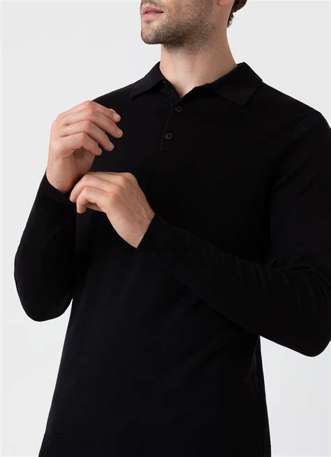 Men's Fine Merino Wool Polo in Black | Sunspel