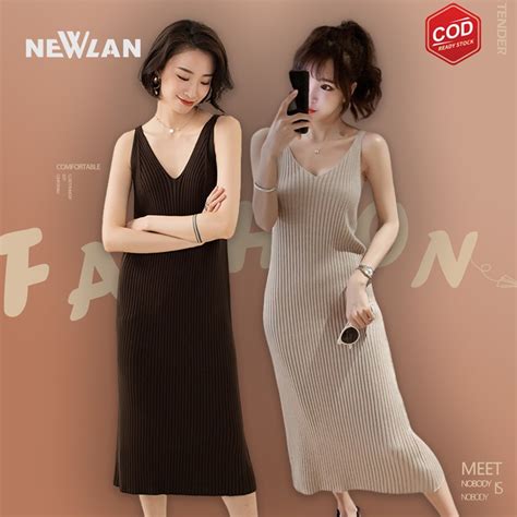 Jual Newlan QZ029 Korean V Neck Long Dress Wanita Beludru Premium A