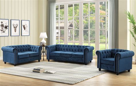 Evart Blue Velvet Chesterfield Sofa