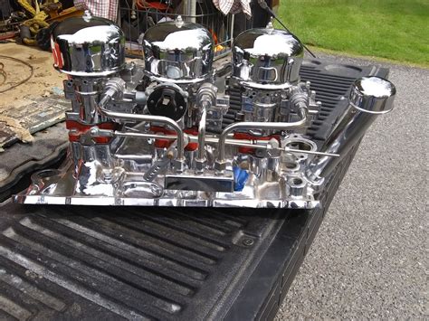 SBC Rochester Tri Power Setup New Chrome Carbs Offenhauser Manifold