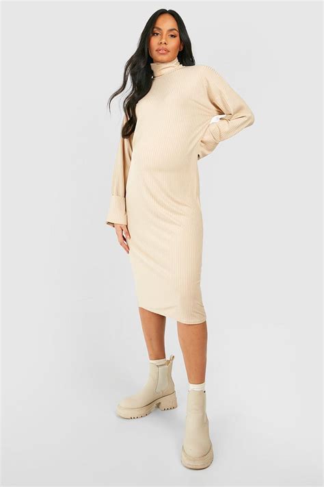 Maternity Soft Rib Roll Neck Midi Jumper Dress Boohoo Uk