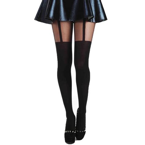 Plain Stripe Faux Suspender Thigh High Garter Sheer Tights For Women