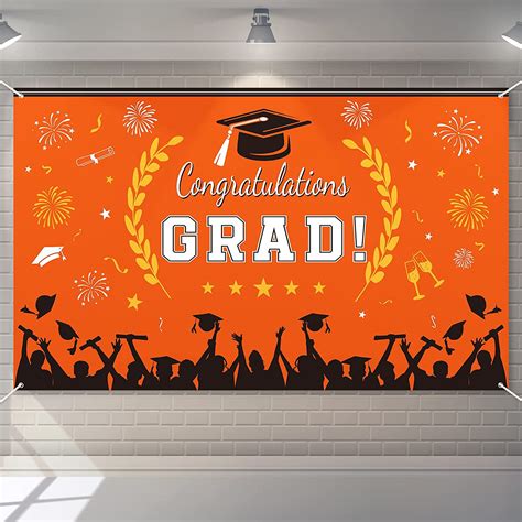 Vibrant Orange Congrats Grad Banner With Fireworks Graduation Cap