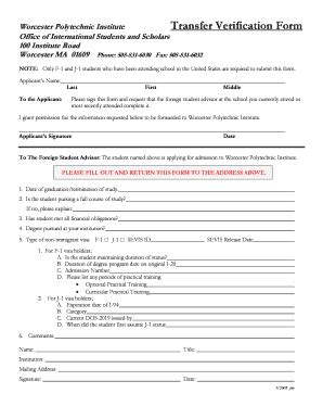 Fillable Online Wpi Instructions For Transfer Verification Fax Email