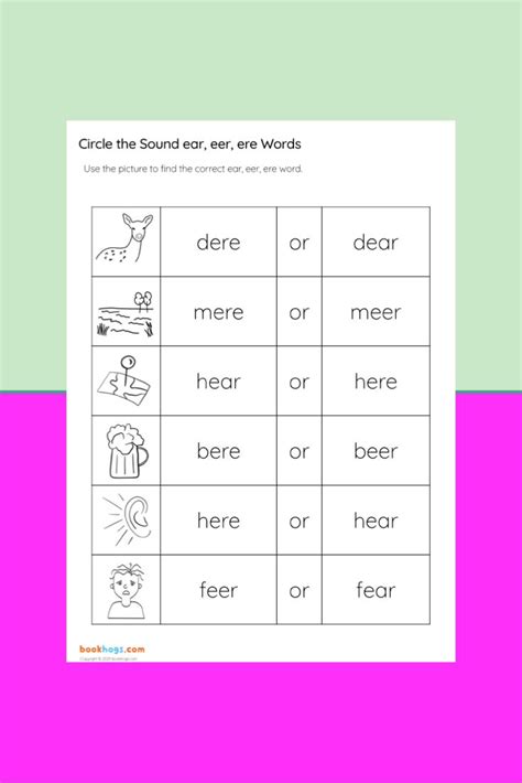 circle  sound ear eer ere words phonics worksheets phonics words
