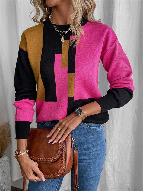 Shein Lune Color Block Drop Shoulder Sweater Shein Usa