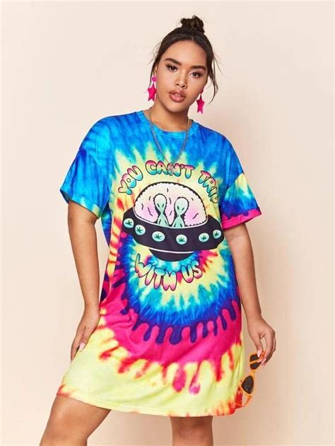 Women Plus Size Slogan And Graphic Print Tie Dye Dress Shechubby