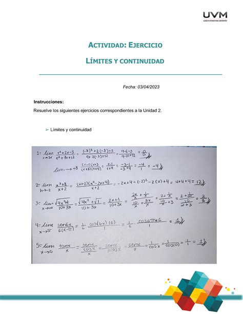 A2 Cálculo Actividad 2 Blackboard ACTIVIDAD EJERCICIO LÍMITES Y