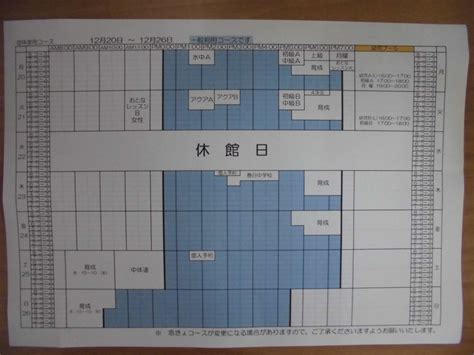 12月20日から26日までのコース利用予定表 上越市立オールシーズンプール