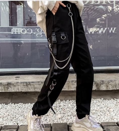 Womens Black Cargo Pants Streetwear Punk Style With Chains And Etsy