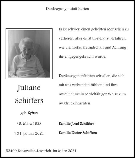 Traueranzeigen Von Juliane Schiffers Aachen Gedenkt