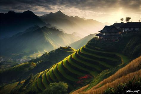 Mountain Terrace Paddy Field Landscape Graphic by Alone Art · Creative ...