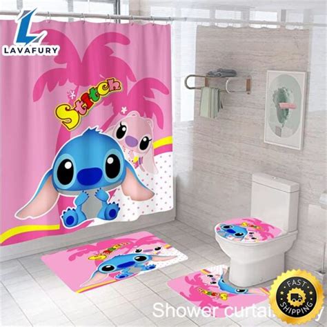 3d Cartoon Lilo And Stitch Shower Curtain Set Waterproof Bath Toilet