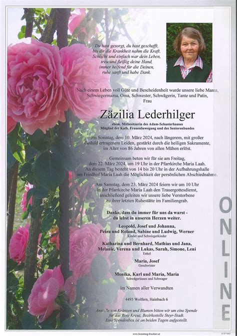 Zäzilia Lederhilger 86 Bestattung Bruckner Wolfern bei Steyr