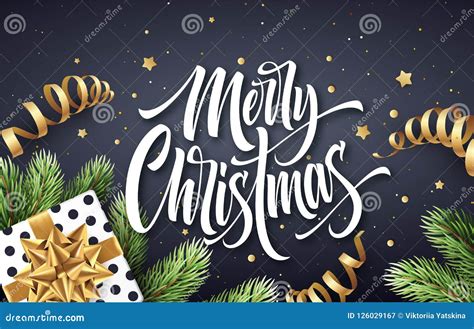 Merry Christmas Hand Drawn Lettering Greeting Card Design Stock Vector