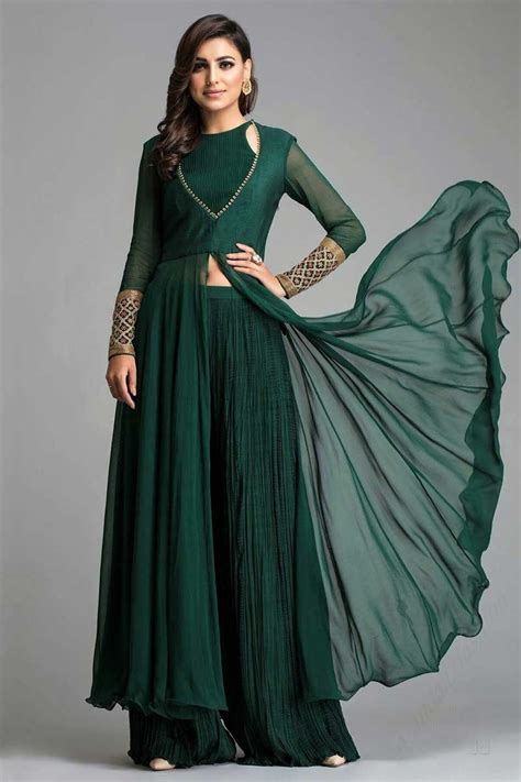 Buy Bottle Green Georgette Anarkali Suit With Palazzo Online