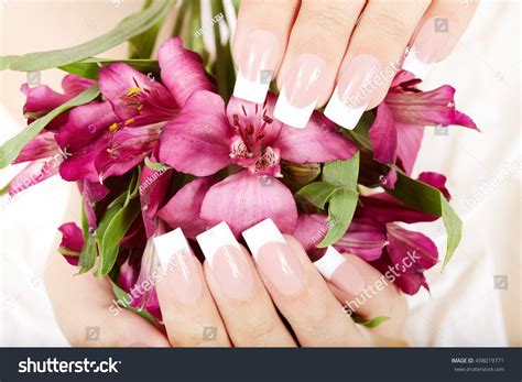 Hands Long Artificial French Manicured Nails Stock Photo