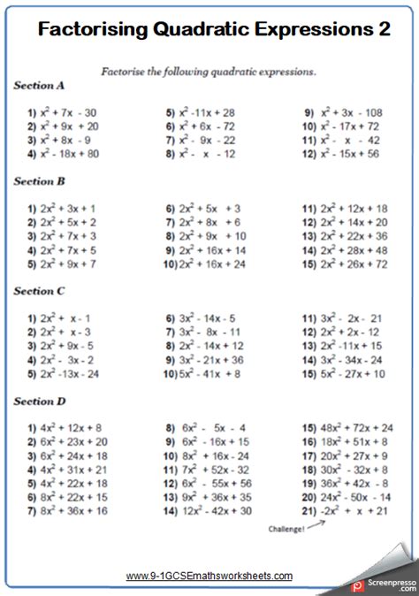 Factorising Quadratic Expressions Worksheet