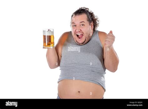 Funny Fat Man Feeling Happy And Relaxed Holding Fresh Cold Beer In His