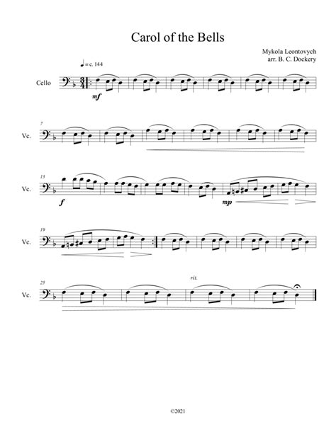 Carol Of The Bells Cello Solo Arr B C Dockery By Mykola