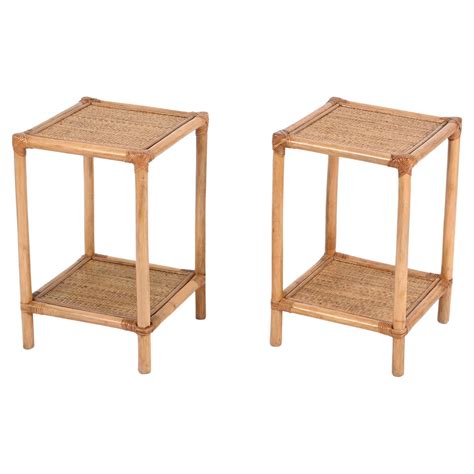 Pair Of French Riviera Nightstands In Bamboo Rattan And Brass Italy