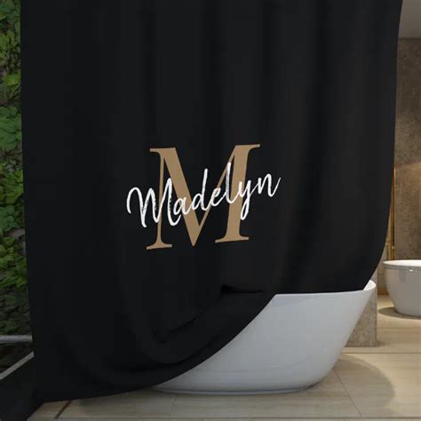 Elegant Black Gold Monogram Feminine Script Name Shower Curtain Zazzle