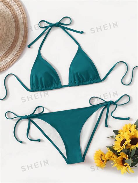 Shein Swim Ladies Solid Color Halter Strap Simple Fashionable Bikini Two Piece Set For Vacation